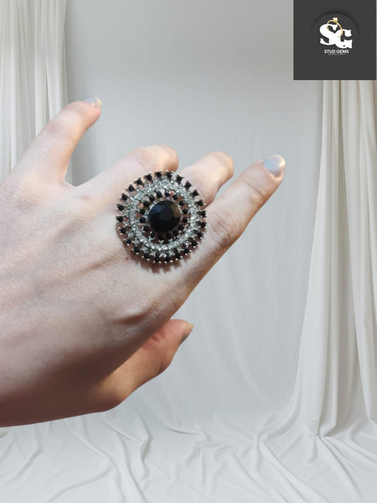 Bold Black Stone Statement Ring with Crystal Accents – Stud Gems Collection