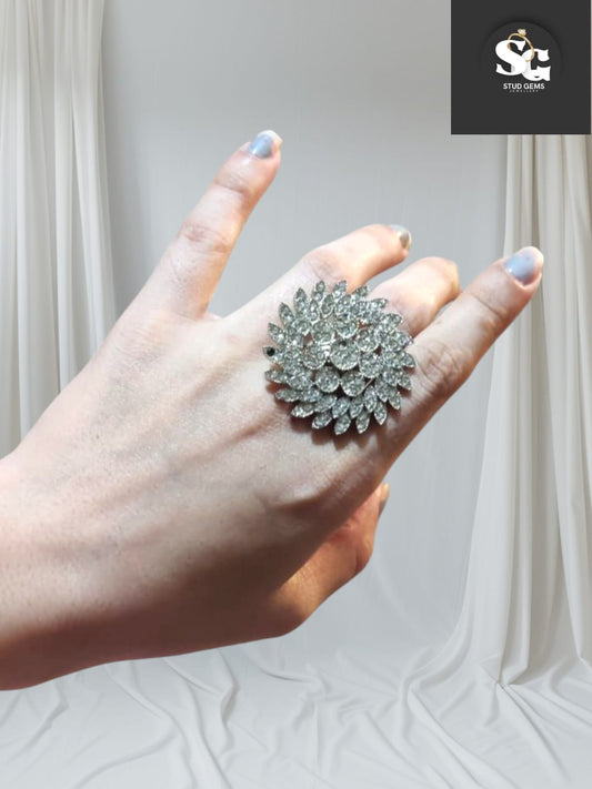 Floral Petal Design Silver Statement Ring with Crystals – Stud Gems Collection