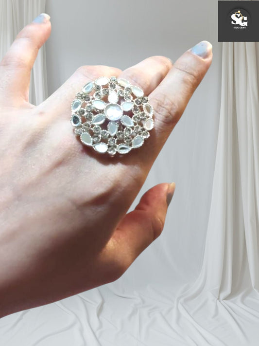 Elegant Silver Floral Statement Ring with Mirror Work – Stud Gems Collection