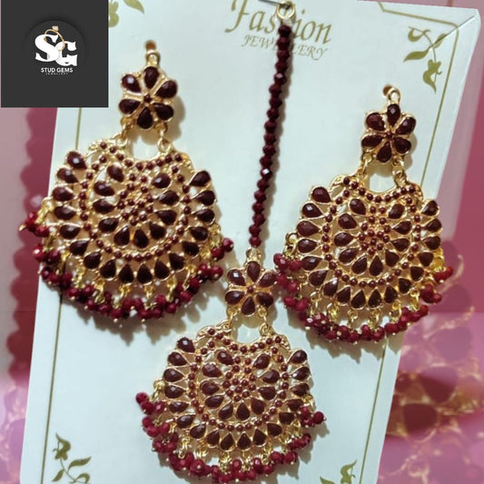 Traditional Maroon & Gold Chandbali Earring Set with Maang Tikka – Stud Gems Collection