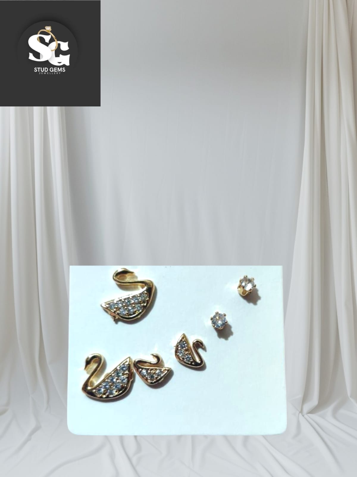 Elegant Swan & Stud Gemstone Earring Set – Gold Finish with Sparkling Crystals