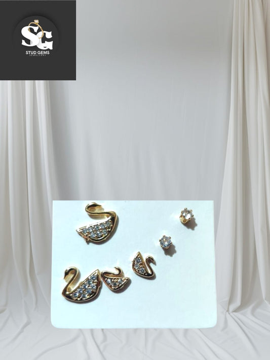 Elegant Swan & Stud Gemstone Earring Set – Gold Finish with Sparkling Crystals