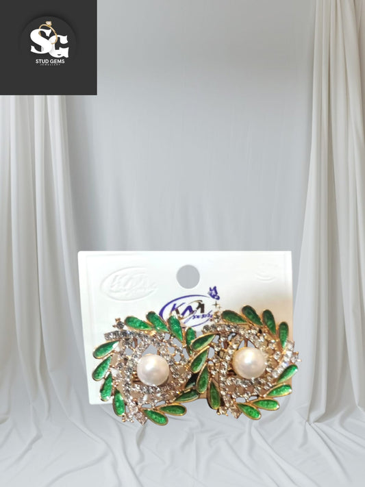 Luxury Pearl & Emerald Green Leaf Statement Earrings – Stud Gems Jewellery