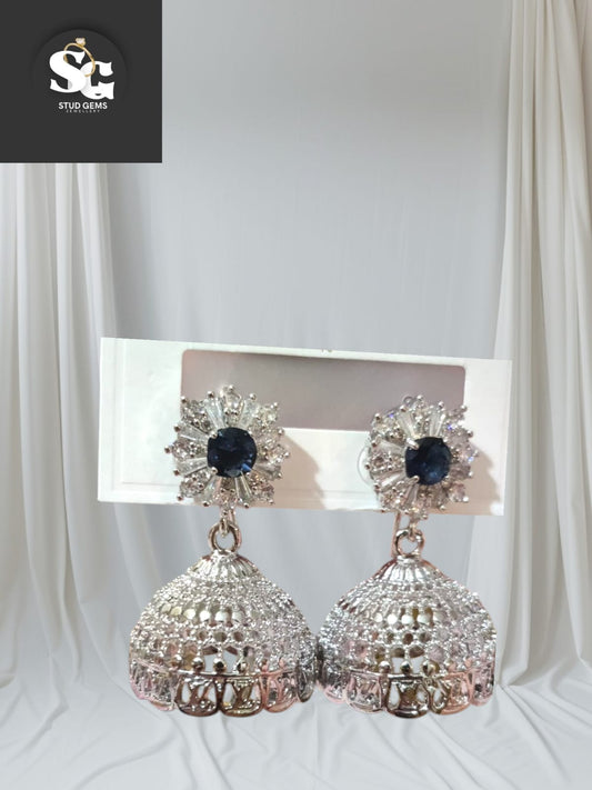 Royal Blue Stone & Silver Crystal Jhumka Earrings – Stud Gems Jewellery