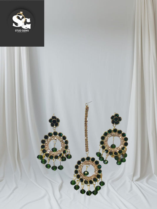 Elegant Green Beaded Chandelier Earrings & Maang Tikka Set – Stud Gems Jewellery