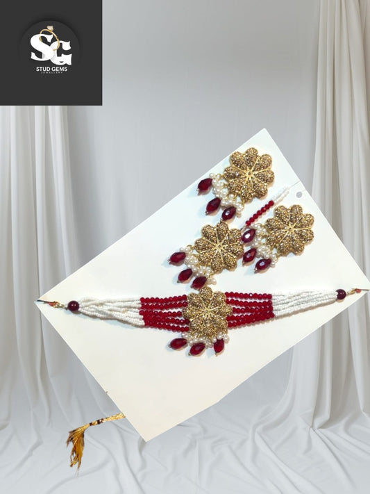 Red & White Beaded Floral Jewellery Set with Earrings – Stud Gems Jewellery