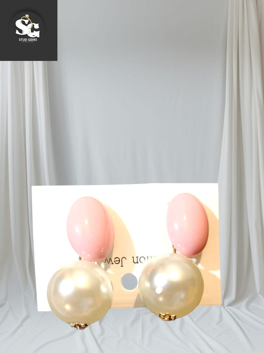 Elegant Pink Stone & Pearl Drop Earrings – Stud Gems