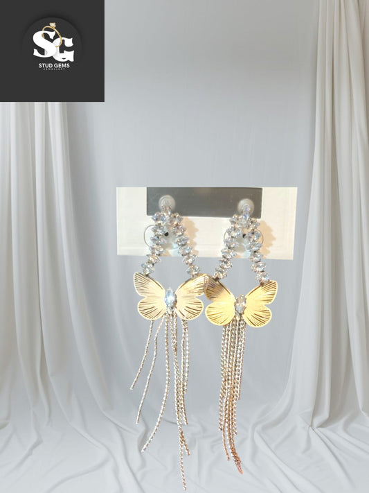 Golden Butterfly Dangle Earrings with Crystal Accents – Stud Gems Jewellery