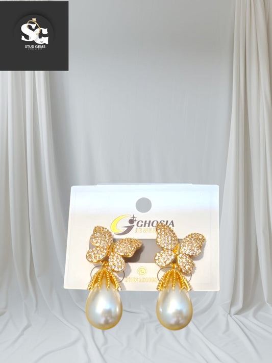 Golden Butterfly Pearl Drop Earrings