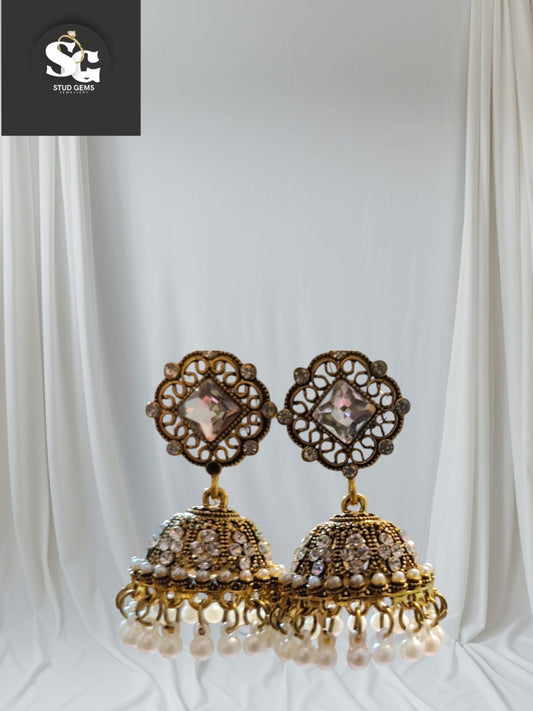 Antique Gold-Plated Pearl & Crystal Jhumka Earrings – Stud Gems Jewellery