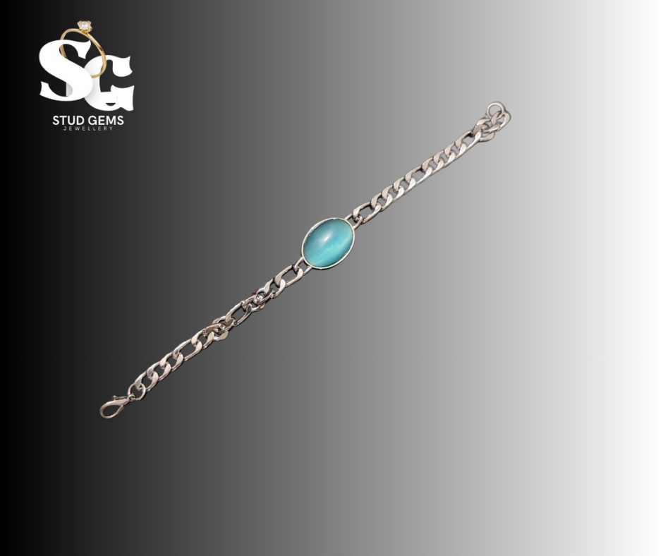 Sterling Silver Chain Bracelet with Blue Oval Gemstone – Stylish & Unique