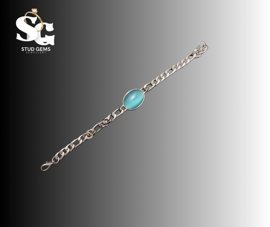 Sterling Silver Chain Bracelet with Blue Oval Gemstone – Stylish & Unique